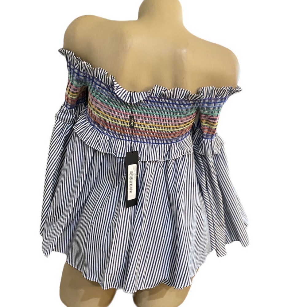 Petersyn Davenport Blue Stripe Smocked Top Shirt Off Shoulder XS NEW NWT - Picture 6 of 6
